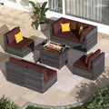 Large 7 Piece Charcoal Wicker Patio Fire Pit Conversation Sectional Deep Seating Sofa Set with Dark Red Cushions