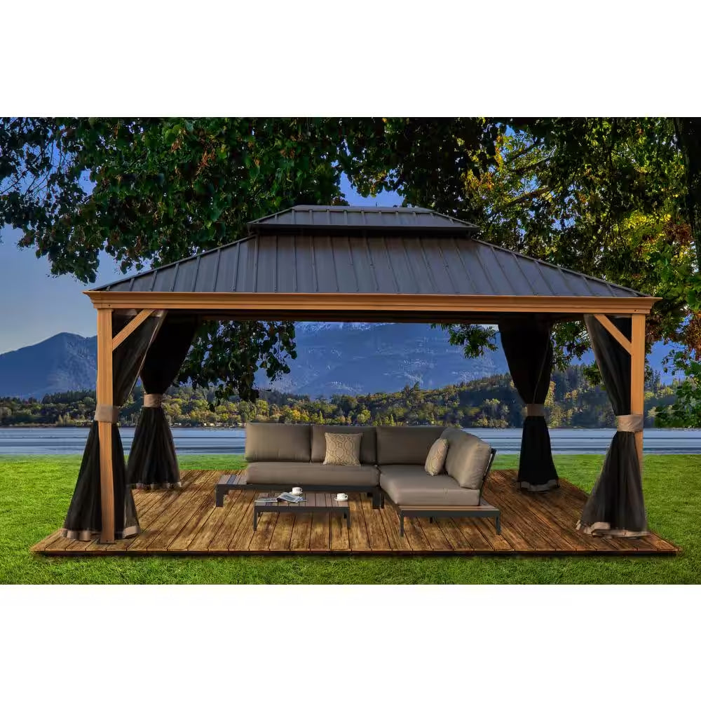 Apollo 12 Ft. X 16 Ft. Wood like Aluminum Hardtop Gazebo with Galvanized Steel Roof and Mosquito Net