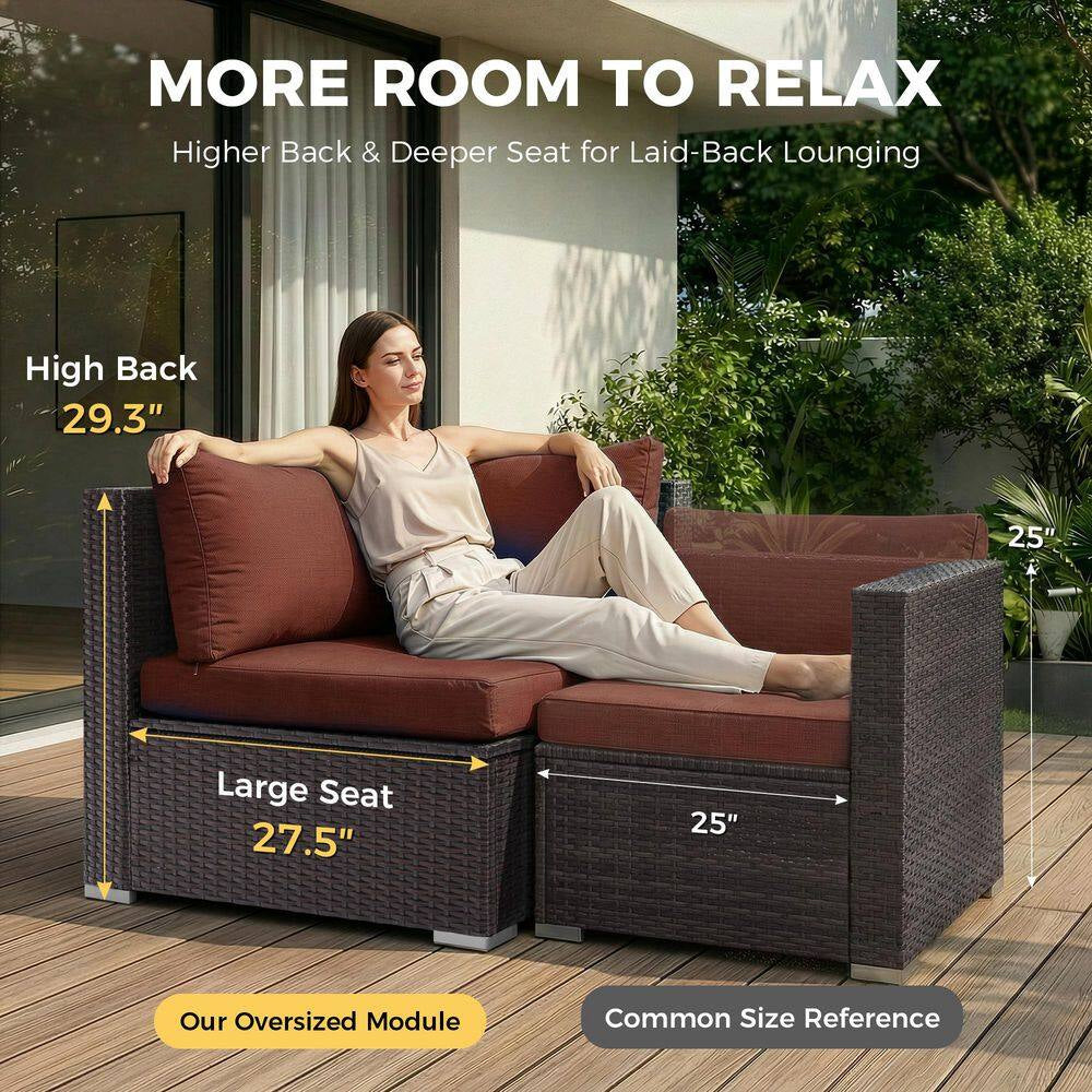 7 Piece Large Espresso Wicker Patio Fire Pit Sectional Deep Seating Sofa Set with Ottamans and Ruby Red Cushions