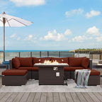 7 Piece Large Espresso Wicker Patio Fire Pit Sectional Deep Seating Sofa Set with Ottamans and Ruby Red Cushions