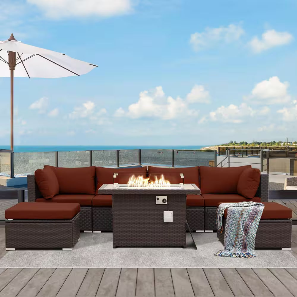 7 Piece Large Espresso Wicker Patio Fire Pit Sectional Deep Seating Sofa Set with Ottamans and Ruby Red Cushions