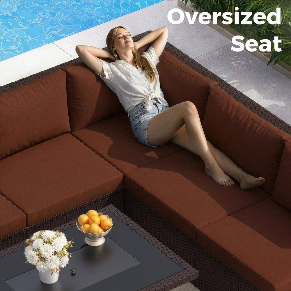 7 Piece Large Espresso Wicker Patio Fire Pit Sectional Deep Seating Sofa Set with Ottamans and Ruby Red Cushions