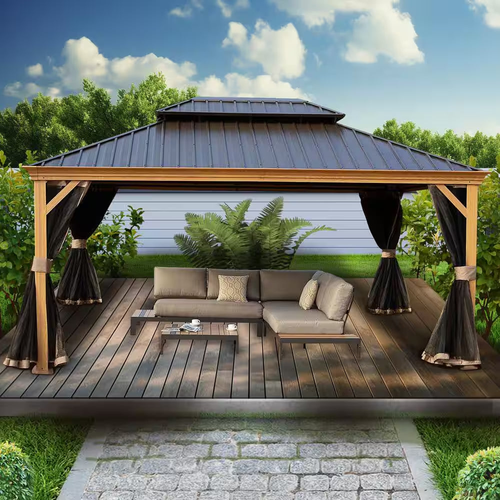 Apollo 12 Ft. X 16 Ft. Wood like Aluminum Hardtop Gazebo with Galvanized Steel Roof and Mosquito Net