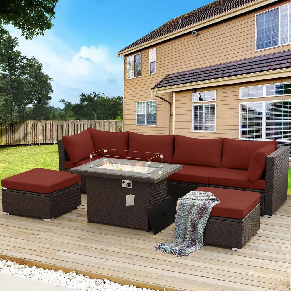 7 Piece Large Espresso Wicker Patio Fire Pit Sectional Deep Seating Sofa Set with Ottamans and Ruby Red Cushions