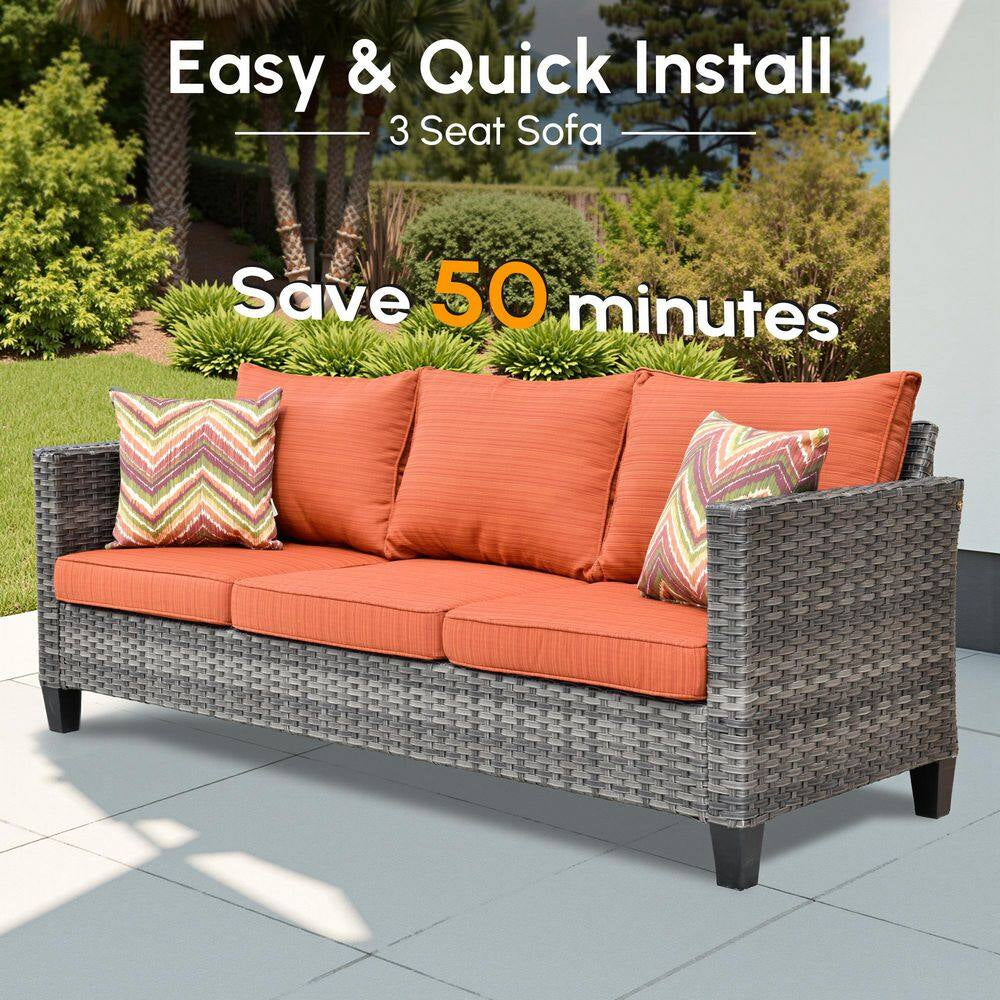 Milan Gray 8-Piece Wicker Outdoor Patio Rectangular Fire Pit Seating Sofa Set and with Orange Red Cushions
