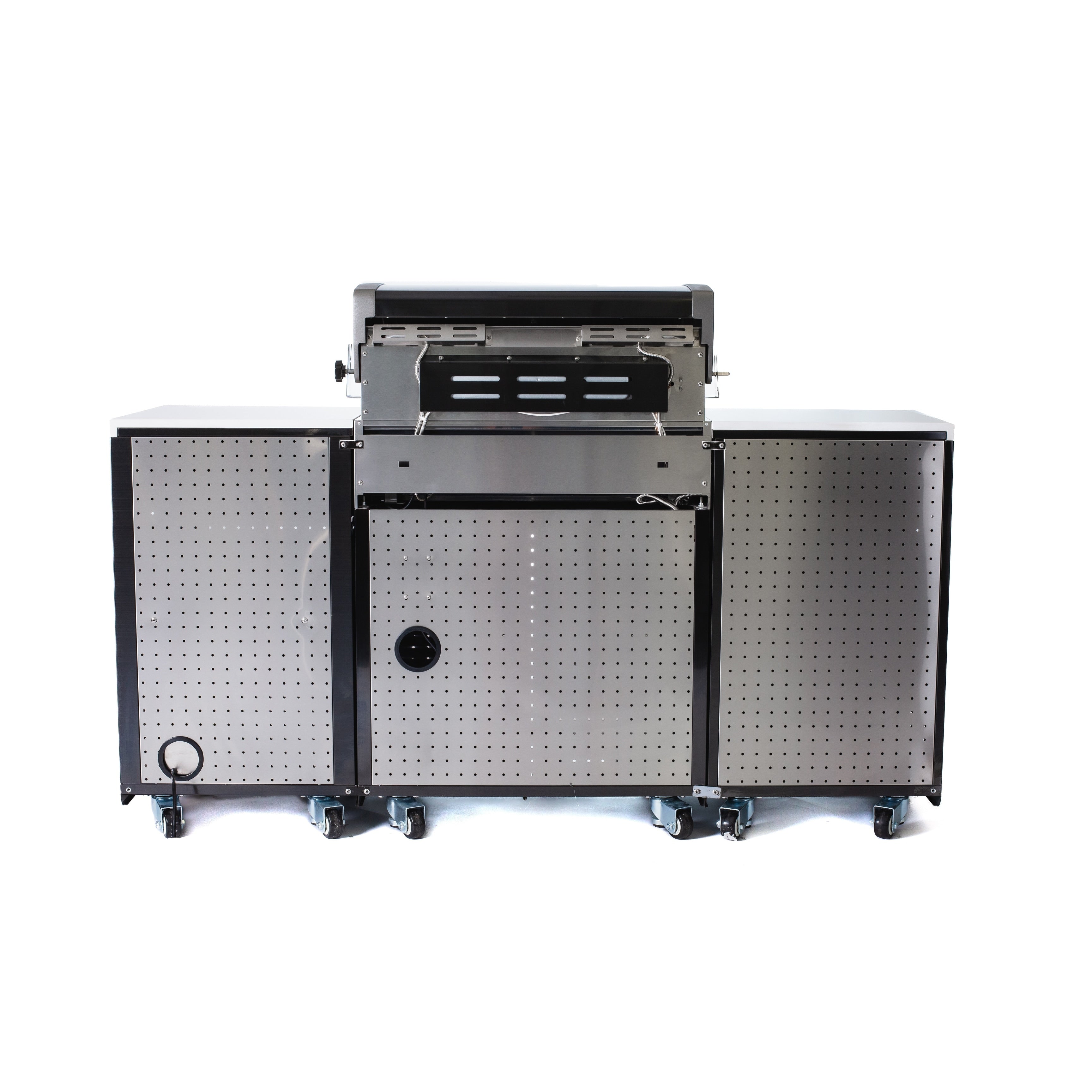 Premium 70" Black Stainless Steel Outdoor Kitchen Island with Refrigerator + 32"W 4-Burner BBQ Grill with Rear Burner