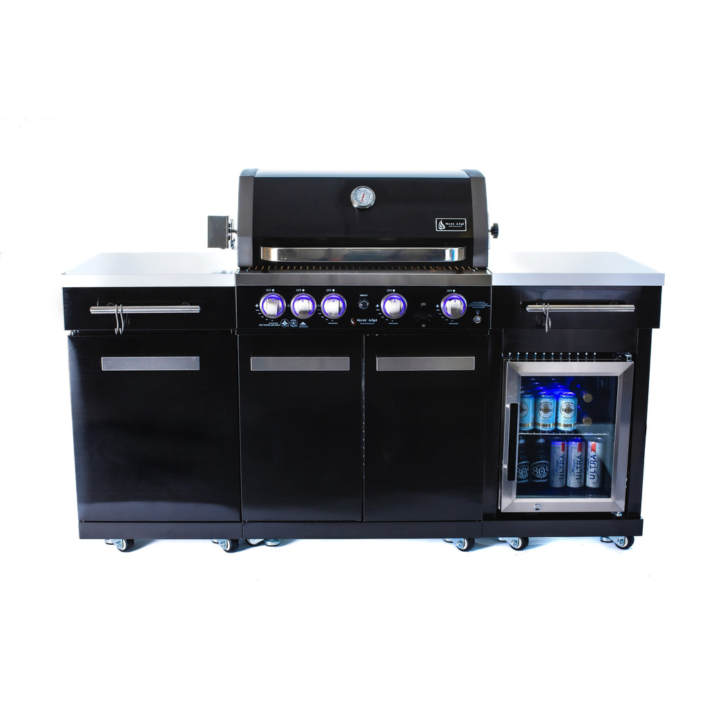 Premium 70" Black Stainless Steel Outdoor Kitchen Island with Refrigerator + 32"W 4-Burner BBQ Grill with Rear Burner