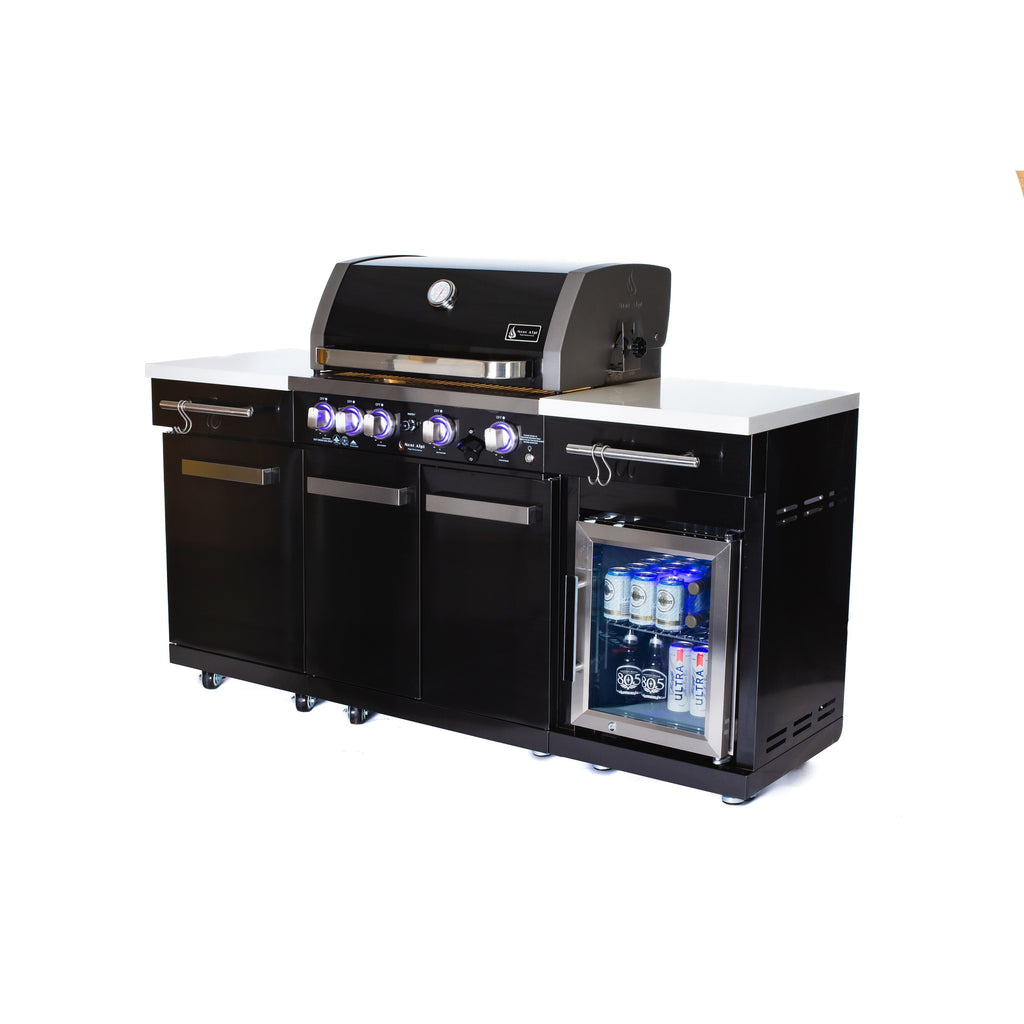 Premium 70" Black Stainless Steel Outdoor Kitchen Island with Refrigerator + 32"W 4-Burner BBQ Grill with Rear Burner