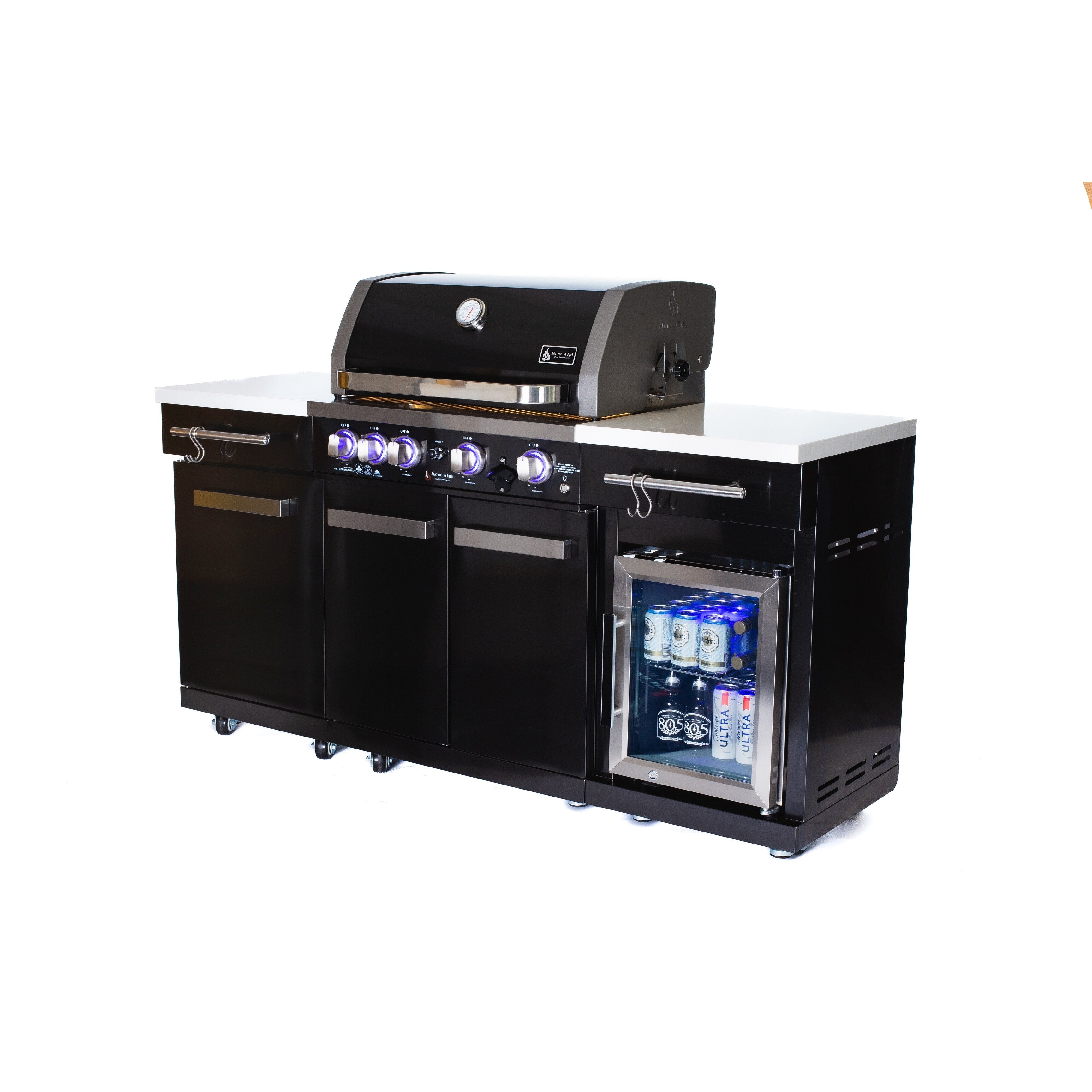 Premium 70" Black Stainless Steel Outdoor Kitchen Island with Refrigerator + 32"W 4-Burner BBQ Grill with Rear Burner