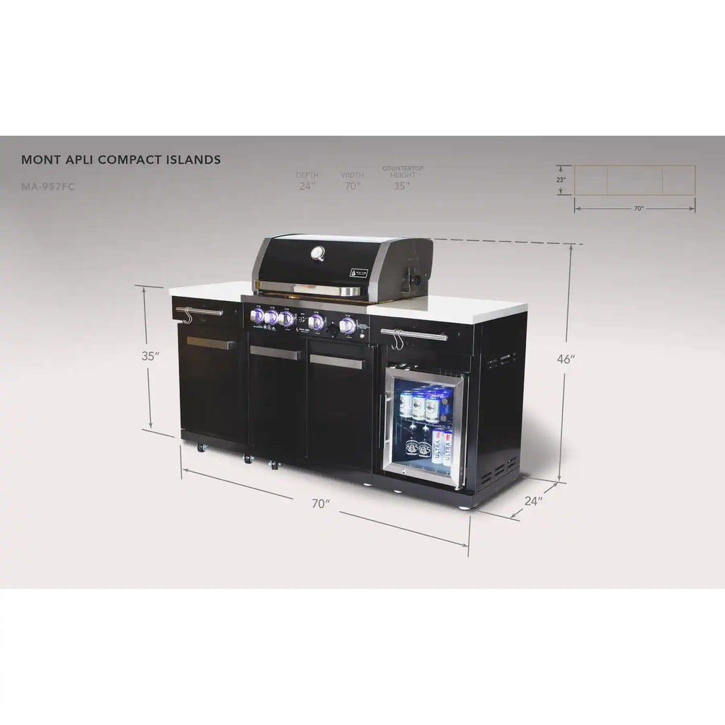 Premium 70" Black Stainless Steel Outdoor Kitchen Island with Refrigerator + 32"W 4-Burner BBQ Grill with Rear Burner