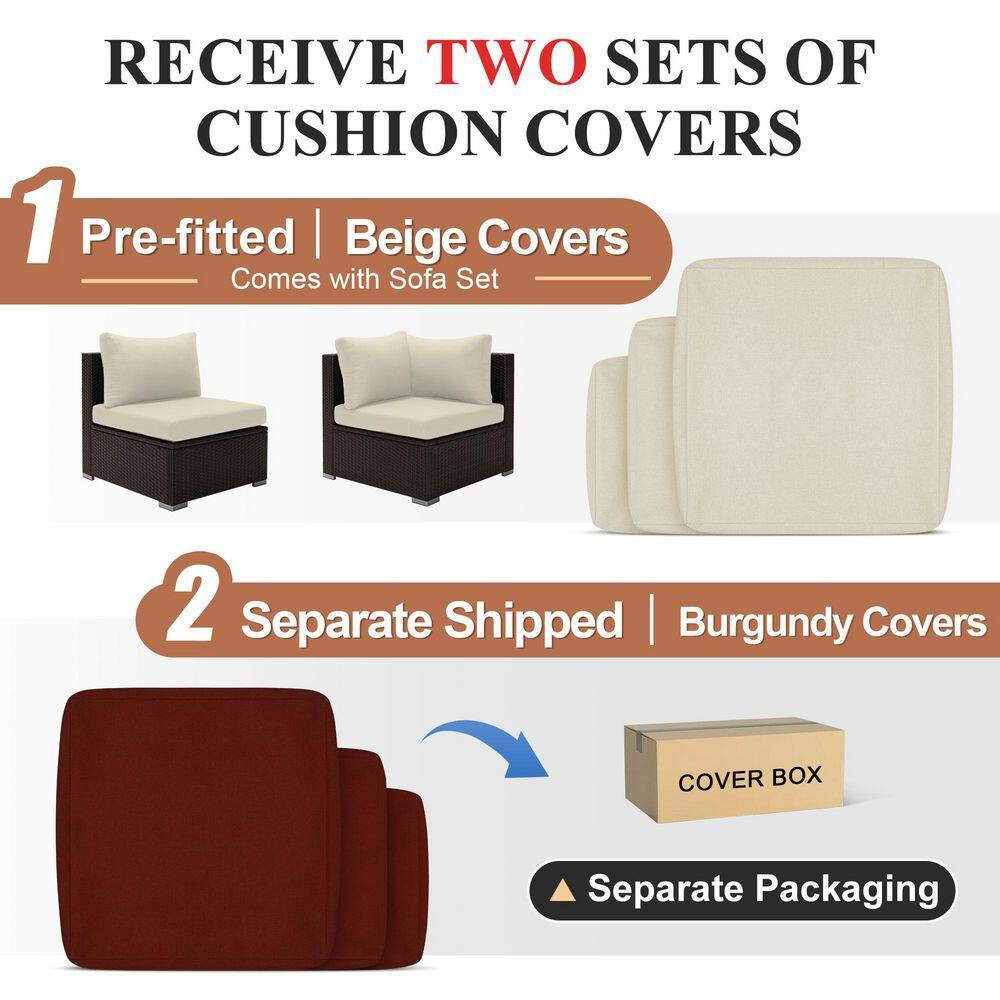 7 Piece Large Espresso Wicker Patio Fire Pit Sectional Deep Seating Sofa Set with Ottamans and Ruby Red Cushions