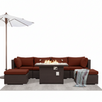 7 Piece Large Espresso Wicker Patio Fire Pit Sectional Deep Seating Sofa Set with Ottamans and Ruby Red Cushions