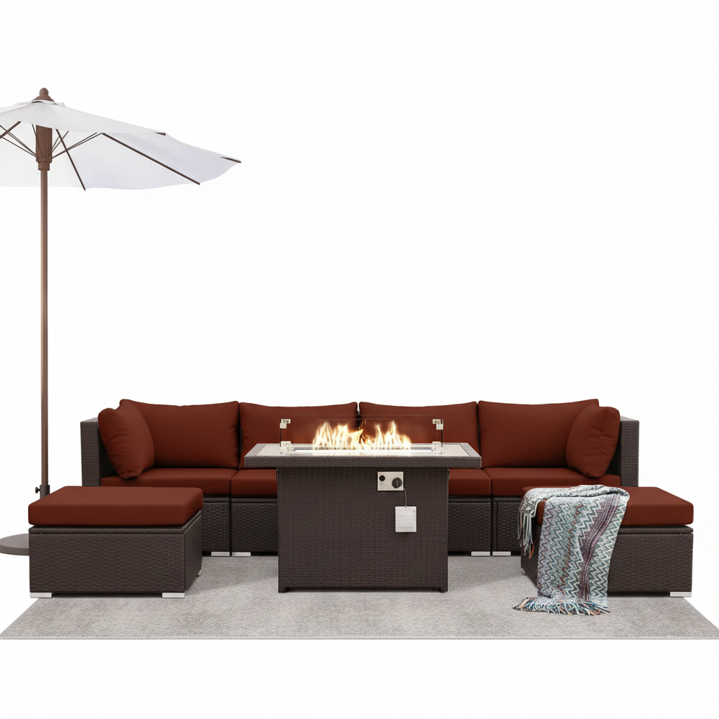7 Piece Large Espresso Wicker Patio Fire Pit Sectional Deep Seating Sofa Set with Ottamans and Ruby Red Cushions